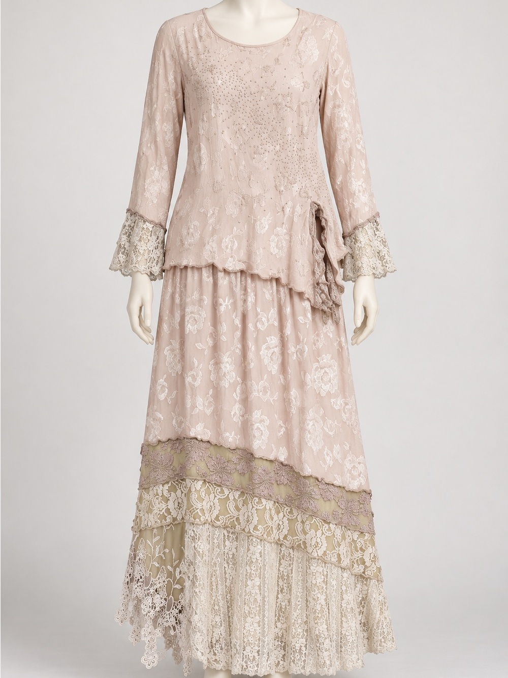 Vintage-Inspired Blush Lace Tiered Long Sleeve Dress